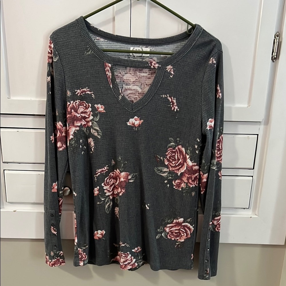 Floral Long Sleeve Top - Dark Gray